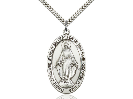 Sterling Silver Miraculous Pendant on a 24 inch Light Rhodium Heavy Curb Chain. - Unique Catholic Gifts