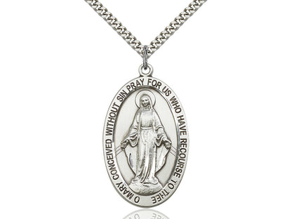 Sterling Silver Miraculous Pendant on a 24 inch Light Rhodium Heavy Curb Chain. - Unique Catholic Gifts