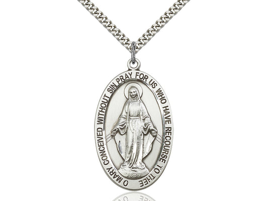 Sterling Silver Miraculous Pendant on a 24 inch Light Rhodium Heavy Curb Chain. - Unique Catholic Gifts