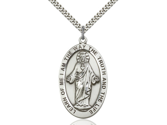 Sterling Silver Scapular Pendant on a 24 inch Light Rhodium Heavy Curb Chain - Unique Catholic Gifts