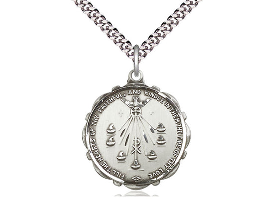 Sterling Silver Seven Gifts Pendant on a 24 inch Light Rhodium Heavy Curb Chain - Unique Catholic Gifts