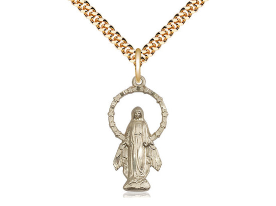 14kt Gold Filled Miraculous Pendant on a 24 inch Gold Plate Heavy Curb Chain - Unique Catholic Gifts