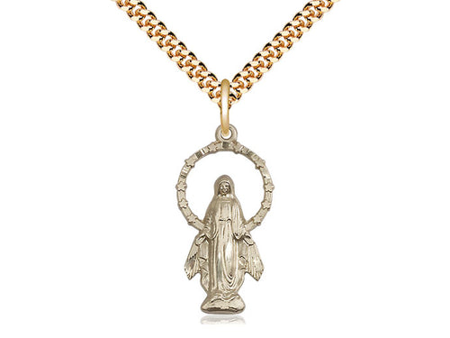14kt Gold Filled Miraculous Pendant on a 24 inch Gold Plate Heavy Curb Chain - Unique Catholic Gifts