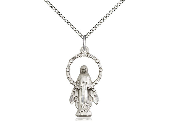 Sterling Silver Miraculous Pendant on a 18 inch Sterling Silver Light Curb Chain - Unique Catholic Gifts