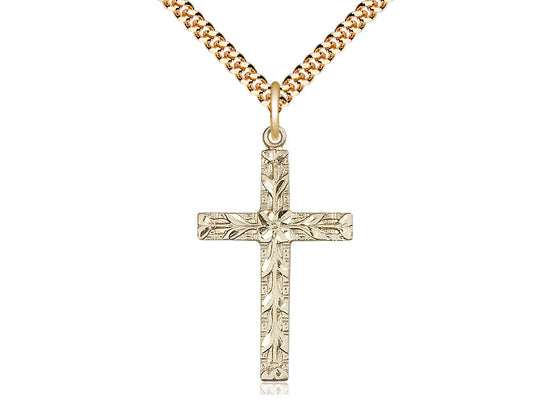 14kt Gold Filled Cross Pendant on a 24 inch Gold Plate Heavy Curb Chain - Unique Catholic Gifts