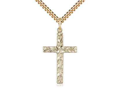 14kt Gold Filled Cross Pendant on a 24 inch Gold Plate Heavy Curb Chain - Unique Catholic Gifts