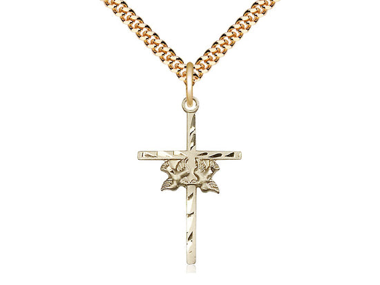 14kt Gold Filled Doves Cross Pendant on a 24 inch Gold Plate Heavy Curb Chain - Unique Catholic Gifts