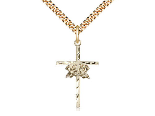 14kt Gold Filled Doves Cross Pendant on a 24 inch Gold Plate Heavy Curb Chain - Unique Catholic Gifts