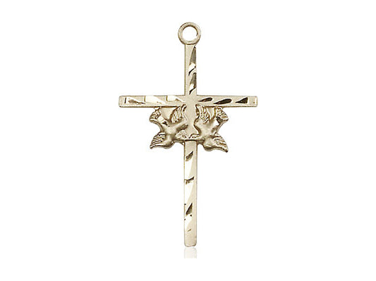 14kt Gold Filled Doves Cross Pendant on a 24 inch Gold Plate Heavy Curb Chain - Unique Catholic Gifts