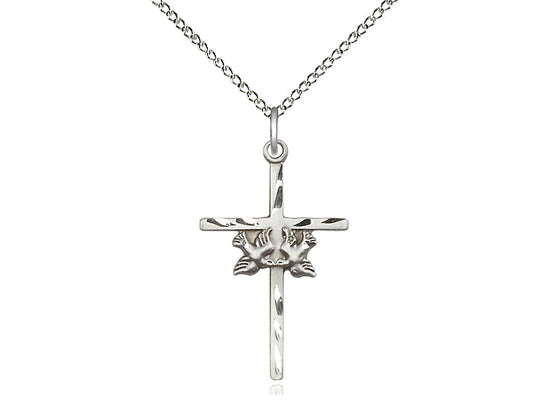 Sterling Silver Doves Cross Pendant on a 18 inch Sterling Silver Light Curb Chain - Unique Catholic Gifts