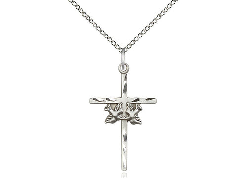 Sterling Silver Doves Cross Pendant on a 18 inch Sterling Silver Light Curb Chain - Unique Catholic Gifts