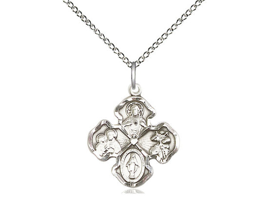 Sterling Silver 4-Way Pendant on a 18 inch Sterling Silver Light Curb Chain - Unique Catholic Gifts