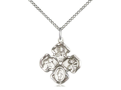 Sterling Silver 4-Way Pendant on a 18 inch Sterling Silver Light Curb Chain - Unique Catholic Gifts