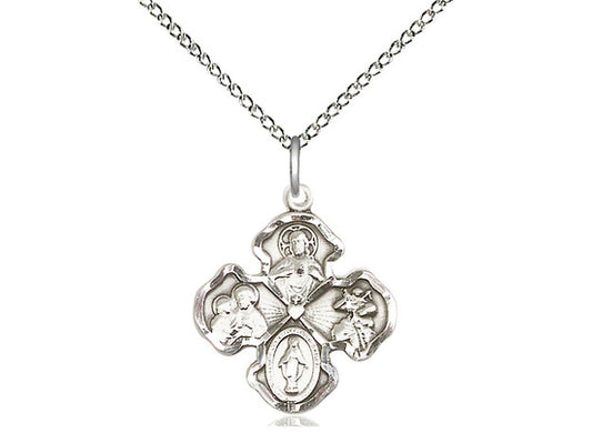 Sterling Silver 4-Way Pendant on a 18 inch Sterling Silver Light Curb Chain - Unique Catholic Gifts