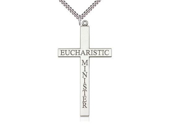 Sterling Silver Eucharistic Minister Cross Pendant on a 24 inch Light Rhodium Heavy Curb Chain - Unique Catholic Gifts