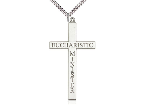 Sterling Silver Eucharistic Minister Cross Pendant on a 24 inch Light Rhodium Heavy Curb Chain - Unique Catholic Gifts