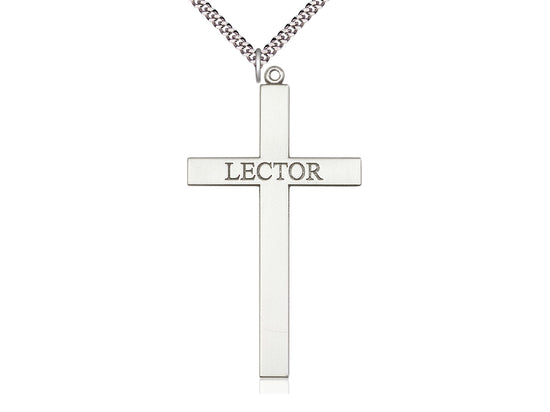 Sterling Silver Lector Cross Pendant on a 24 inch Light Rhodium Heavy Curb Chain - Unique Catholic Gifts
