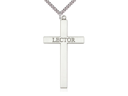 Sterling Silver Lector Cross Pendant on a 24 inch Light Rhodium Heavy Curb Chain - Unique Catholic Gifts