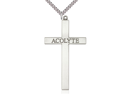 Sterling Silver Acolyte Cross Pendant on a 24 inch Light Rhodium Heavy Curb Chain - Unique Catholic Gifts