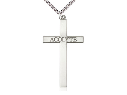 Sterling Silver Acolyte Cross Pendant on a 24 inch Light Rhodium Heavy Curb Chain - Unique Catholic Gifts