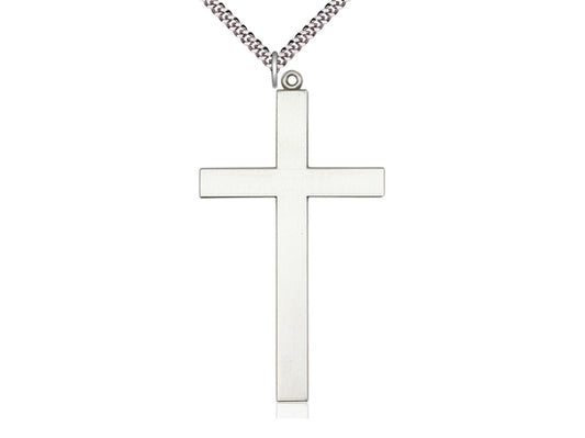Sterling Silver Cross Pendant on a 24 inch Light Rhodium Heavy Curb Chain - Unique Catholic Gifts