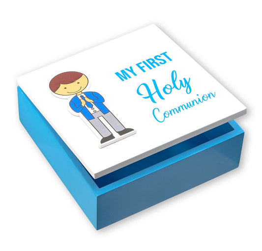 Keepsake Communion Wood Box W/Boy Sticker - Unique Catholic Gifts