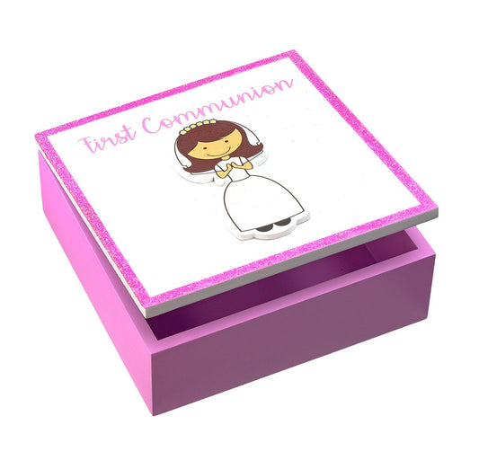 Keepsake Communion Wood Box W/Girl Sticker and Glitter - Unique Catholic Gifts