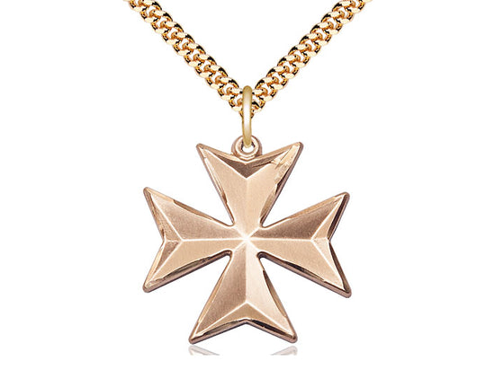14kt Gold Filled Maltese Cross Pendant on a 24 inch Gold Plate Heavy Curb Chain - Unique Catholic Gifts