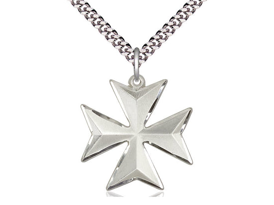 Sterling Silver Maltese Cross Pendant on a 24 inch Light Rhodium Heavy Curb Chain - Unique Catholic Gifts