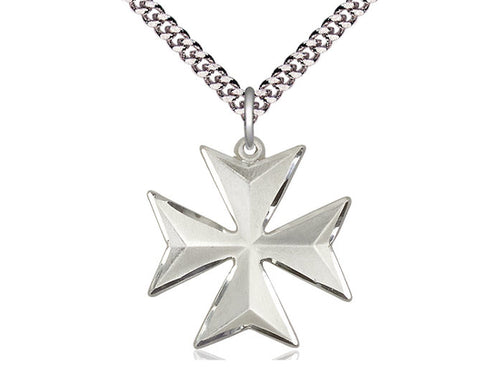 Sterling Silver Maltese Cross Pendant on a 24 inch Light Rhodium Heavy Curb Chain - Unique Catholic Gifts