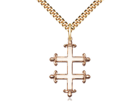 14kt Gold Filled Cross of Lorraine Pendant on a 24 inch Gold Plate Heavy Curb Chain - Unique Catholic Gifts