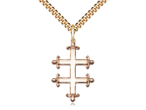 14kt Gold Filled Cross of Lorraine Pendant on a 24 inch Gold Plate Heavy Curb Chain - Unique Catholic Gifts
