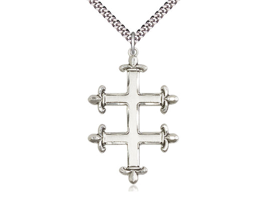 Sterling Silver Cross of Lorraine Pendant on a 24 inch Light Rhodium Heavy Curb Chain - Unique Catholic Gifts
