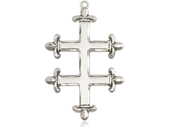 Sterling Silver Cross of Lorraine Pendant on a 24 inch Light Rhodium Heavy Curb Chain - Unique Catholic Gifts