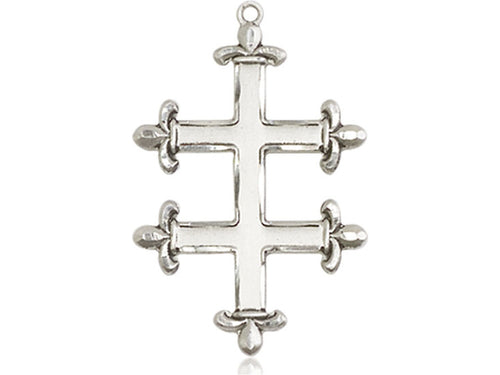 Sterling Silver Cross of Lorraine Pendant on a 24 inch Light Rhodium Heavy Curb Chain - Unique Catholic Gifts