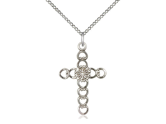 Sterling Silver Hearts w/Sunburst Pendant on a 18 inch Sterling Silver Light Curb Chain - Unique Catholic Gifts