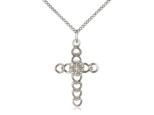 Sterling Silver Hearts w/Sunburst Pendant on a 18 inch Sterling Silver Light Curb Chain - Unique Catholic Gifts