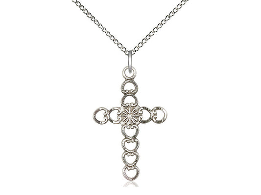 Sterling Silver Hearts w/Sunburst Pendant on a 18 inch Sterling Silver Light Curb Chain - Unique Catholic Gifts