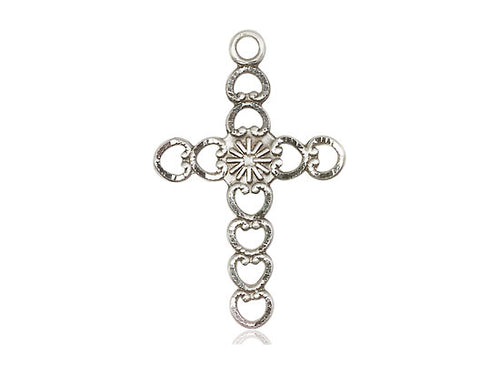 Sterling Silver Hearts w/Sunburst Pendant on a 18 inch Sterling Silver Light Curb Chain - Unique Catholic Gifts