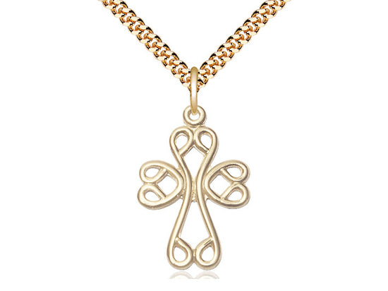 14kt Gold Filled Scroll Cross Pendant on a 24 inch Gold Plate Heavy Curb Chain - Unique Catholic Gifts
