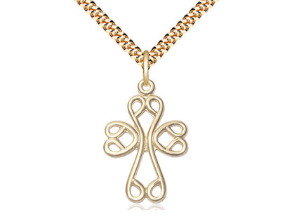 14kt Gold Filled Scroll Cross Pendant on a 24 inch Gold Plate Heavy Curb Chain - Unique Catholic Gifts