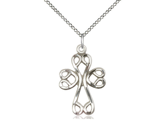 Sterling Silver Scroll Cross Pendant on a 18 inch Sterling Silver Light Curb Chain - Unique Catholic Gifts