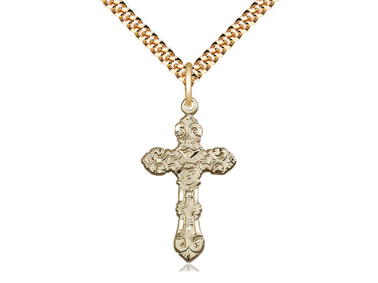 14kt Gold Filled Cross Pendant on a 24 inch Gold Plate Heavy Curb Chain - Unique Catholic Gifts