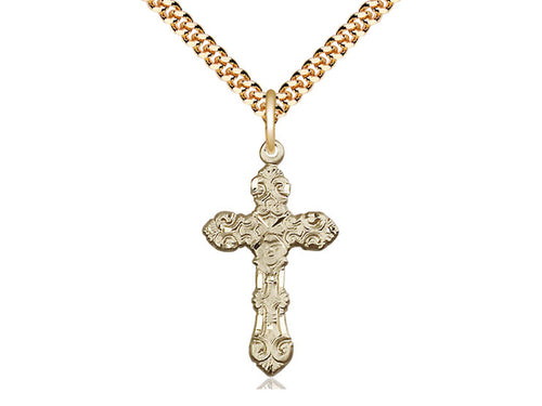 14kt Gold Filled Cross Pendant on a 24 inch Gold Plate Heavy Curb Chain - Unique Catholic Gifts