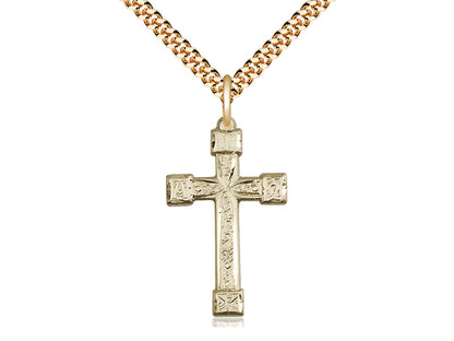 14kt Gold Filled Cross Pendant on a 24 inch Gold Plate Heavy Curb Chain - Unique Catholic Gifts
