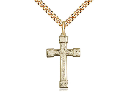 14kt Gold Filled Cross Pendant on a 24 inch Gold Plate Heavy Curb Chain - Unique Catholic Gifts
