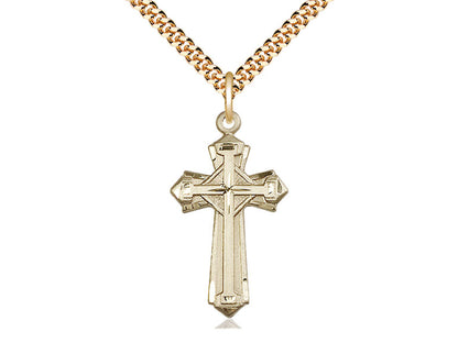 14kt Gold Filled Cross Pendant on a 24 inch Gold Plate Heavy Curb Chain - Unique Catholic Gifts