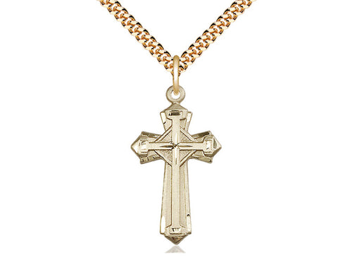 14kt Gold Filled Cross Pendant on a 24 inch Gold Plate Heavy Curb Chain - Unique Catholic Gifts