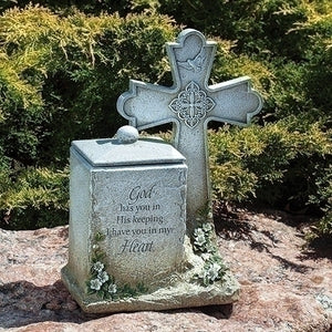 Memorial Box W/cross & Verse; Garden Statue 14"H - Unique Catholic Gifts