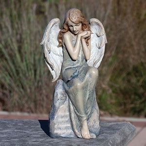 Angel W/bluebird on Stone Statue 16.25"H - Unique Catholic Gifts